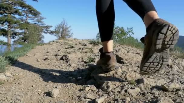 Vista aos pés da mulher viajante Caminhadas Caminhando no topo do penhasco na montanha. Movimento lento — Vídeo de Stock