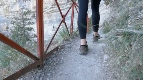 Blick auf die Füße einer Wanderin, die auf einem Wanderweg in Steinberg wandert. Zeitlupe — Stockvideo