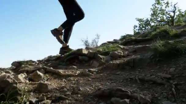 Zicht op de voeten van reiziger vrouw wandelen op de bovenkant van rots in berg. Wandelen op de rotsen — Stockvideo