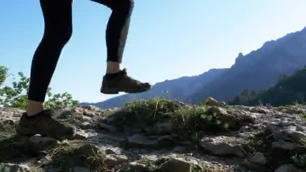 Ver en Pies de Mujer Viajera Senderismo Caminando en la cima del acantilado en la montaña. Caminando sobre rocas — Vídeo de stock