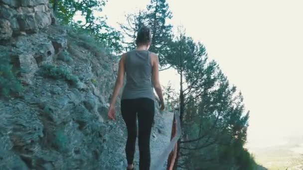 Zicht op de voeten van reiziger vrouw wandelen op Trail pad in Stone Mountain. Camera Volg wandelaars benen — Stockvideo