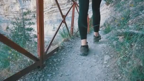 Blick auf die Füße einer Wanderin, die auf einem Wanderweg in Steinberg wandert. Zeitlupe — Stockvideo