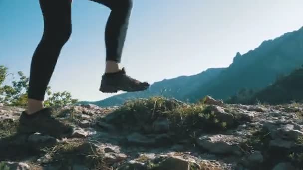 Ver en Pies de Mujer Viajera Senderismo Caminando en la cima del acantilado en la montaña. Caminando sobre rocas — Vídeo de stock