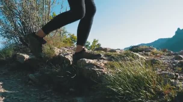 Vista aos pés da mulher viajante Caminhadas Caminhando no topo do penhasco na montanha. Caminhando sobre rochas — Vídeo de Stock