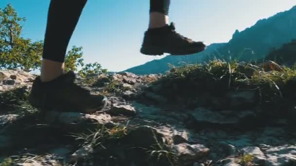 Ver en Pies de Mujer Viajera Senderismo Caminando en la cima del acantilado en la montaña. Moción lenta — Vídeos de Stock