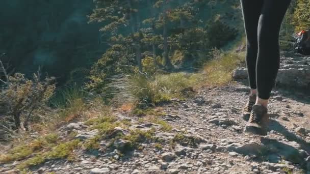 旅行者の足で見る女性山の崖の上を歩くハイキング。スローモーション — ストック動画