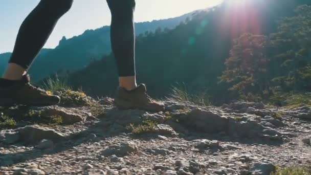 Kilátás az utazó lábára Nő Túrázás Séta a hegy tetején a szikla tetején. Lassú mozgás — Stock videók