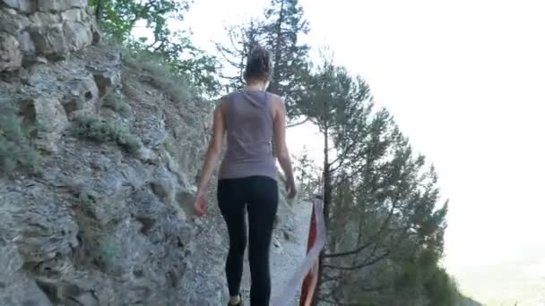 Vista aos pés da mulher viajante Caminhadas Caminhando no caminho da trilha em Stone Mountain. Câmera seguir caminhantes pernas — Vídeo de Stock