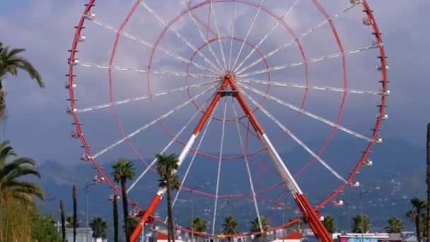 Ferris Wheel ellen a kék ég a felhők közelében a Palm Fák a Resort Town, Sunny Day — Stock videók