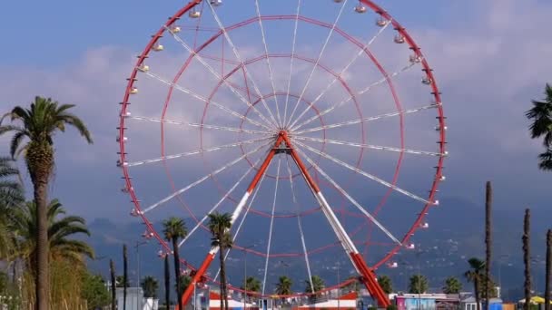 Ferris Wheel κατά το Blue Sky με σύννεφα κοντά στο Palm Trees στην πόλη Resort, Sunny Day — Αρχείο Βίντεο