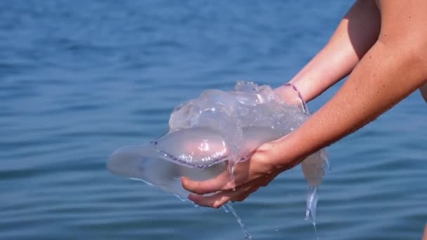 在黑海的背景下，女人手里拿着一只大海母。 根瘤菌瘤 — 图库视频影像
