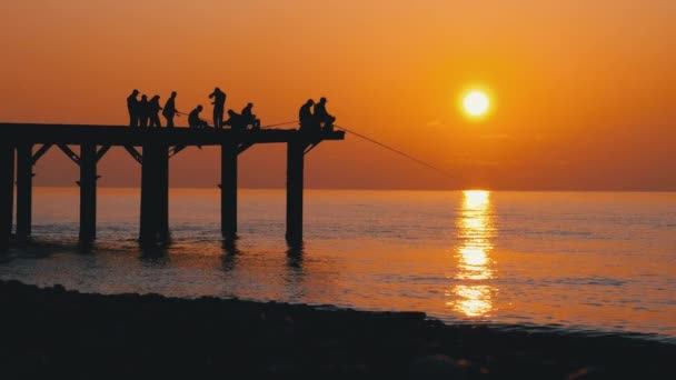 Silhouettes de pêcheurs avec cannes à pêche au coucher du soleil en mer assis sur la jetée. Mouvement lent . — Video