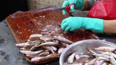 Market Stall 'daki Balığı Kesmek. Kadın Elle Temizleme ve Taze Balık Kesme