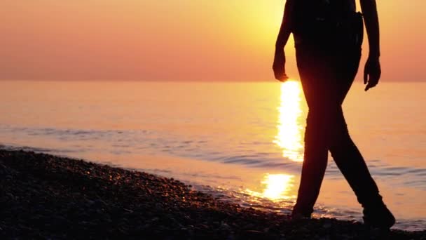 海岸沿いを走る夕日の女性のシルエット — ストック動画