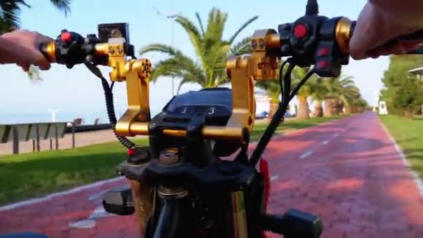 POV Montando uma bicicleta elétrica em um caminho de bicicleta vermelho com palmeiras na cidade Resort — Vídeo de Stock