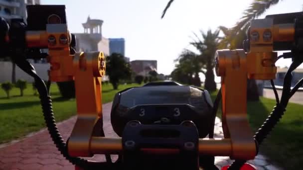 По красной дорожке с пальмовыми деревьями в курортном городе едет электромобиль — стоковое видео