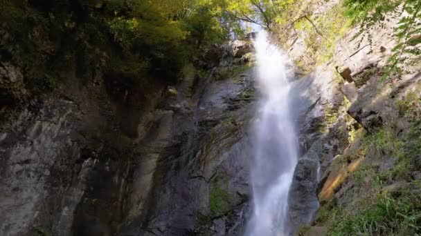Cascata Makhuntseti in autunno. Acqua cadente che colpisce sulle rocce. Rallentatore . — Video Stock