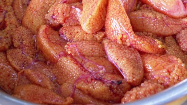 Färsk röd kaviar i en skål på disken i fiskaffären — Stockvideo