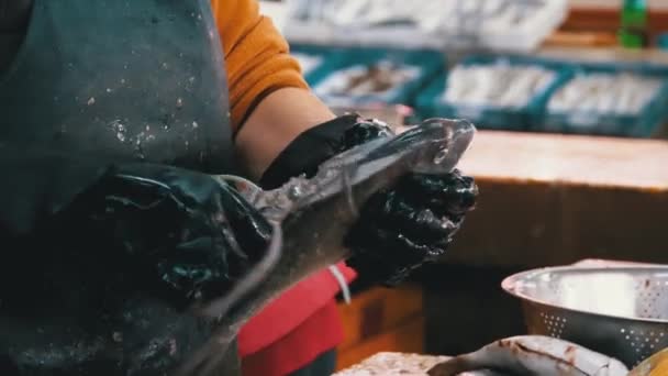 Escalonamento e corte de peixes em Market Stall. Mulher manual de limpeza e cortes de peixe fresco — Vídeo de Stock