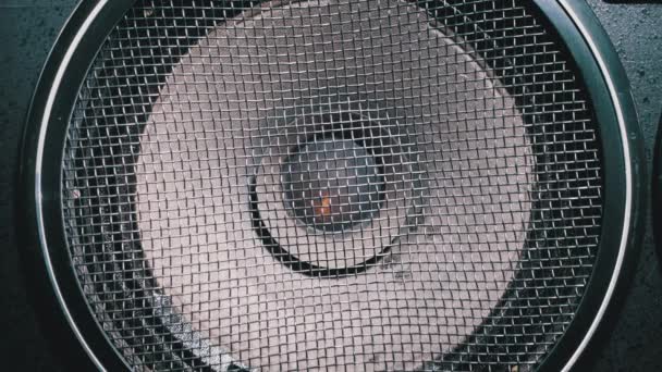 The Movement of the Vintage Paper Membrane of Acoustic Subwoofer Speaker. Basové vibrace a hraní. — Stock video