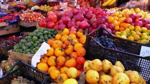 Mostra com várias frutas, cáqui, romã, tangerinas, pêras e muito mais no mercado de rua — Vídeo de Stock