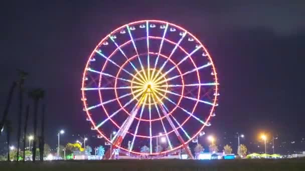 La ruota panoramica gira di notte con luci colorate — Video Stock