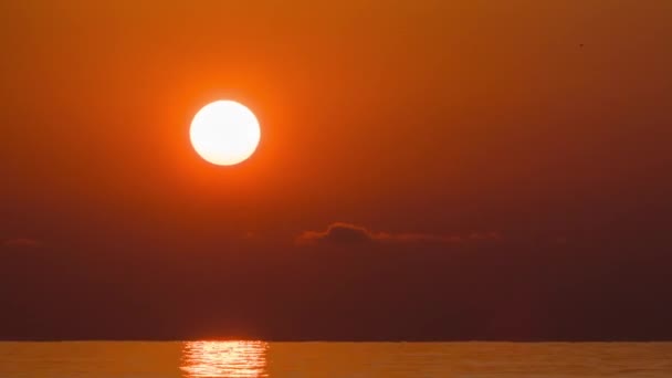 Timelapse van Zonsondergang van de Grote Rode Zon in de zee. Oranje zonnig pad met zee reflecties. — Stockvideo