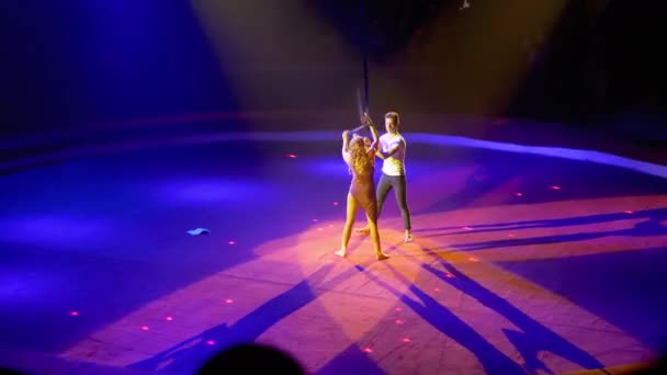 Duo acrobatique aérien se produit sur la soie dans une scène de cirque . — Video