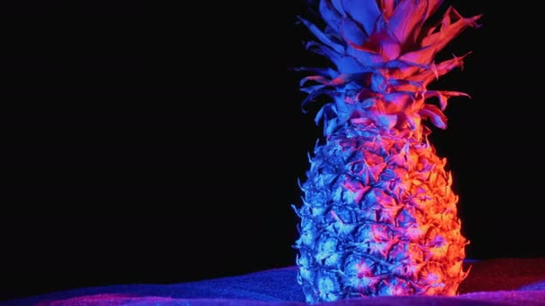 Ананас с красным и синим подсветкой вращается на черном фоне — стоковое видео