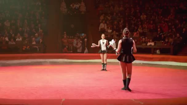 Het duo van tweeling meisjes jongleren met clubs voert trucs uit op het Circus podium — Stockvideo