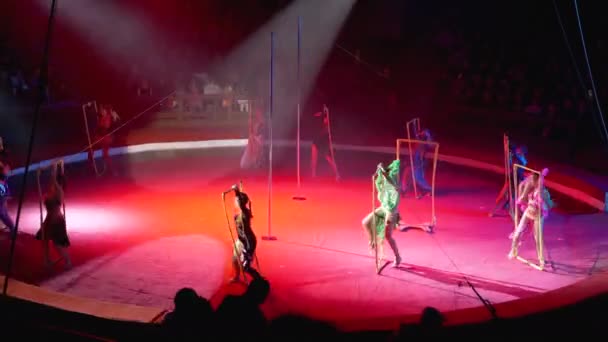 Cirkus. Umělci tančí v kostýmech v cirkusové aréně. Diváci sledují show — Stock video