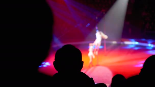 Silhuetas de espectadores em um circo assistindo a um show na arena de circo — Vídeo de Stock