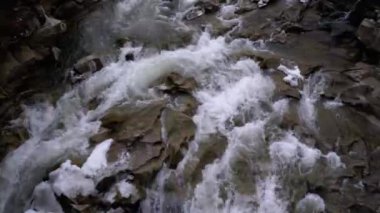 Waterfall Prut in the Winter. Rapid Flow of Water from a Mountain Creek and Stone Rapids with Snow