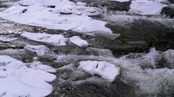 Mountain Stream en invierno. Río Montaña Fluyendo sobre Hielo y Nieve cerca de Rocas en Paisaje Invernal — Vídeo de stock