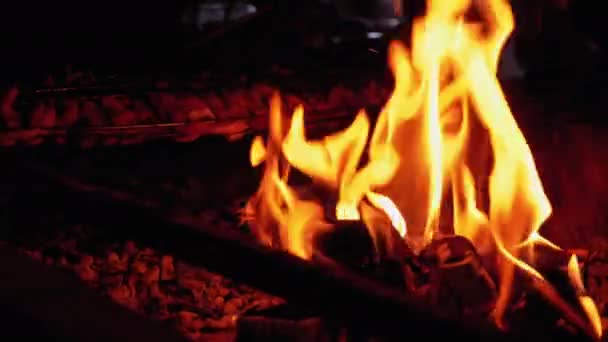 Le barbecue est cuisiné au coin du feu sur le gril dans un restaurant. Les flammes rouges dans les charbons — Video