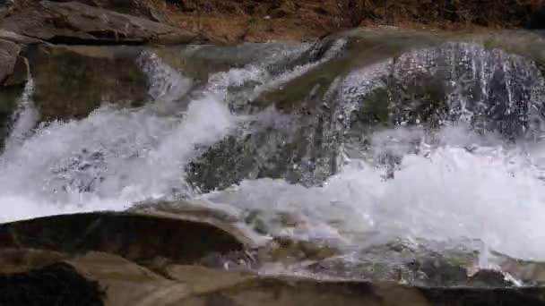 Mountain Creek and Stone Rapids with Snow. Rapid Flow of Water. Waterfall in the Winter. Slow Motion — Stockvideo