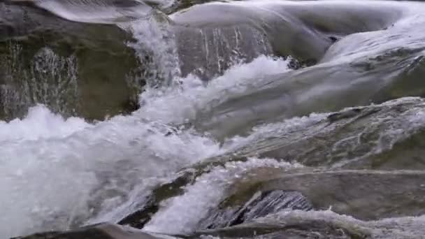 Fiume selvaggio di montagna che scorre con massi di pietra e pietre rapide. Rallentatore — Video Stock