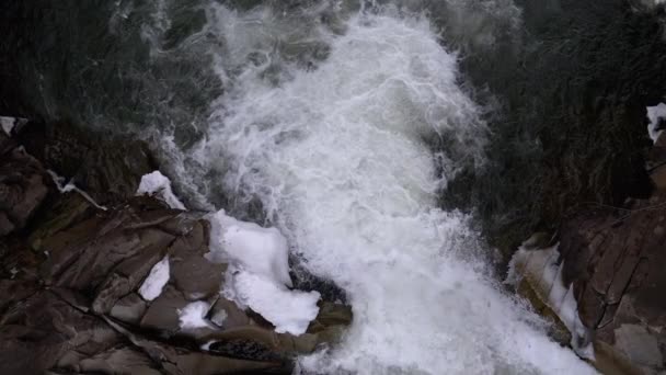 Mountain Creek and Stone Rapids with Snow. Rapid Flow of Water. Winter Waterfall. Slow Motion — стокове відео