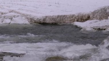 Mountain Creek and Stone Rapids with Snow. Rapid Flow of Water. Waterfall in the Winter. Slow Motion