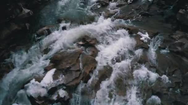 Cachoeira Prut no inverno. Rapid Flow of Water from a Mountain Creek e Stone Rapids com neve — Vídeo de Stock