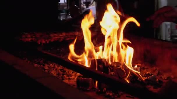 O churrasco é cozido pelo fogo na grelha em um restaurante. Chama vermelha nas brasas — Vídeo de Stock