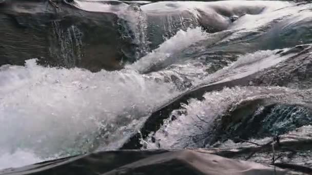 Wild Mountain River stroomt met stenen staafmixers en stenen stroomversnellingen. Langzame beweging — Stockvideo