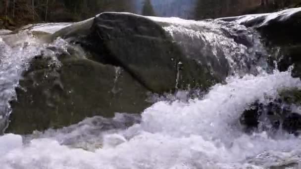 Wild Mountain River stroomt met stenen staafmixers en stenen stroomversnellingen. Langzame beweging — Stockvideo