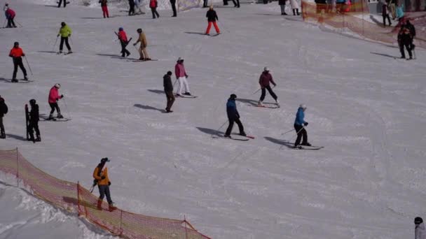 Esquiadores e snowboarders Passeio em uma encosta nevada em uma estância de esqui — Vídeo de Stock