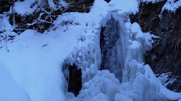 Guk Cascada de Invierno Congelado en las Montañas Cárpatas en el Bosque — Vídeos de Stock