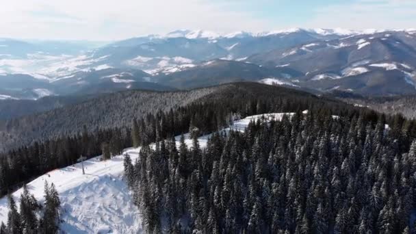 Piste da sci aeree con sciatori e impianti di risalita sulla stazione sciistica. Foresta montana innevata — Video Stock