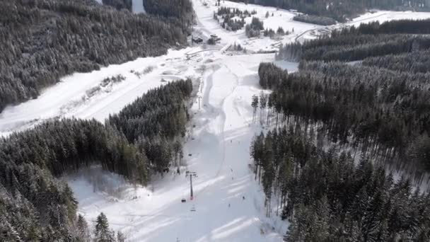Повітряний вид лижників спускається по лижному схилу біля Лижних підйомів на лижному курорті. Буковель — стокове відео