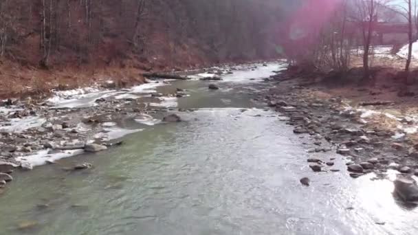 Flying over Wild Mountain River Flowing with Stone Boulders and Rapids — Stockvideo