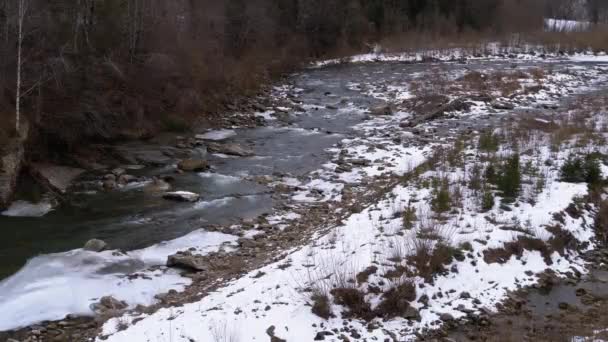 Mountain Stream in Winter. Mountain River Flowing over Ice and Snow near Rocks in Winter Landscape — Stock videók