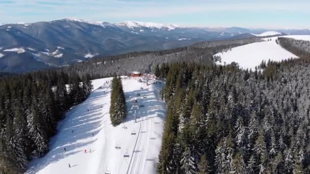 Flygskidbackar med skidåkare och skidliftar på skidorten. Snöig fjällskog — Stockvideo